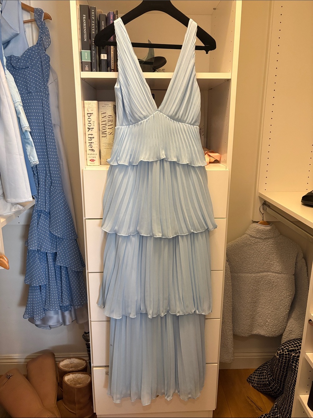 Nordstrom Light Blue Tiered V-Neck Pleated Maxi Dress
